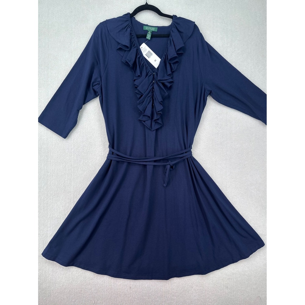 Lauren Ralph Lauren Dress 2X NWT Navy Blue Ruffle Belted Fit Flare Midi